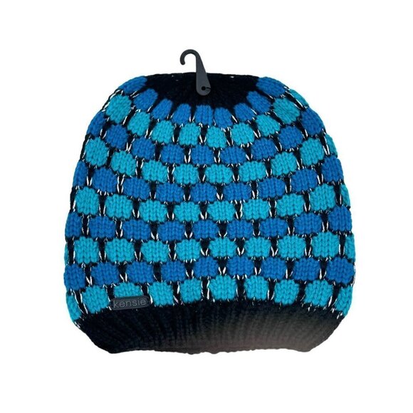 NWT KENSIE Knit Beanie & Infinity Scarf Set 2PCs Blue Turquoise Geometric - Picture 15 of 16